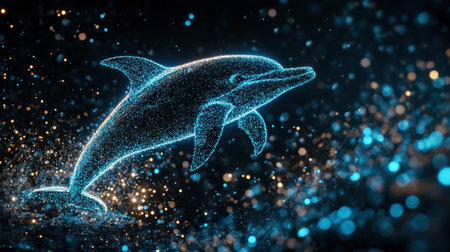 A mesmerizing digital artwork of a dolphin glowing amidst a sparkling ocean backdrop, symbolizing the vibrant essence of marine life and beauty.の素材