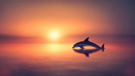 A dolphin gracefully leaps from the serene ocean waters as the sun sets on the horizon, casting vibrant hues across the sky and creating a tranquil scene.の素材