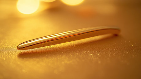 A close-up image of an elegant gold barrette resting on a sparkling golden surface, enhanced by soft focusing light, exuding luxury and charm.の素材