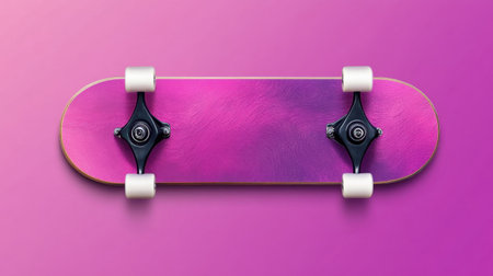 A vintage skateboard featuring a sleek design rests on a vibrant gradient background of purple and pink hues, perfect for creative and sporty visuals.の素材