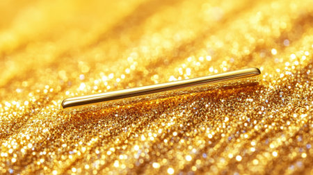 A luxurious gold bar lies gracefully on a vibrant sparkling golden surface, representing wealth and elegance. Ideal for themes of prosperity and riches.の素材