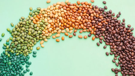 This image features a stunning array of dried beans arranged in vibrant colors on a soft mint background, showcasing natural textures and shapes.の素材