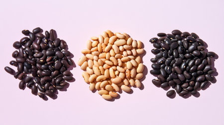 A vibrant display of assorted legumes arranged on a soft pastel background, highlighting their unique colors and textures for culinary inspiration.の素材