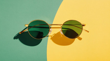 Round sunglasses with green lenses rest on a colorful backdrop of yellow and green, creating a vibrant and stylish composition perfect for summer trends.の素材