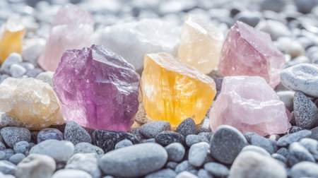 A stunning display of colorful natural crystals and gemstones resting on smooth pebbles, capturing sunlight for a vibrant, artistic scene.の素材