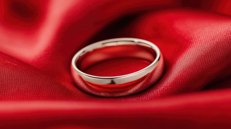 A pristine silver wedding ring rests elegantly on rich red silk fabric, highlighting its shine and smooth texture. Perfect for romantic themes and jewelry promotions.の素材