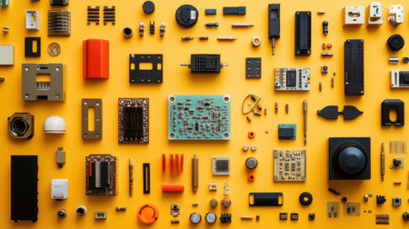 A vibrant arrangement of various electronic components and circuits displayed on a bright yellow background, perfect for tech enthusiasts and design projects.の素材