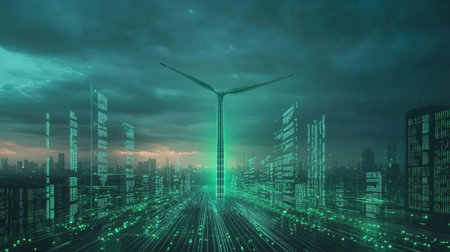 A futuristic wind turbine dominates an urban landscape, complemented by a flowing digital data network. This image represents innovative energy solutions and sustainability.の素材