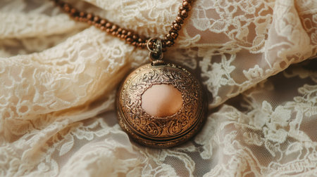 This image features an antique copper locket with intricate designs resting on delicate lace fabric, ideal for vintage and romantic photography themes.の素材