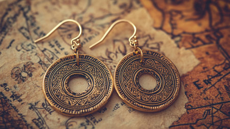 This captivating image features a pair of vintage gold earrings with intricate designs, elegantly displayed on an antique parchment background, evoking a sense of beauty and heritage.の素材
