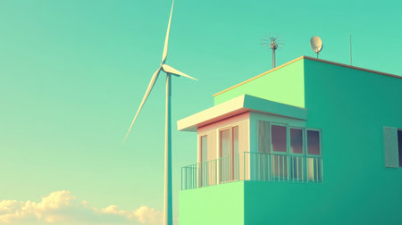 A stunning view of a modern eco-friendly house featuring a wind turbine, perfectly set against a vibrant sky and soft clouds, showcasing sustainable living.の素材