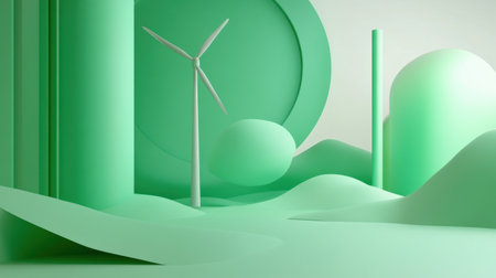 This abstract landscape features minimalist shapes and a wind turbine against a soft green color palette, embodying modern design ideals and eco-friendly themes.の素材