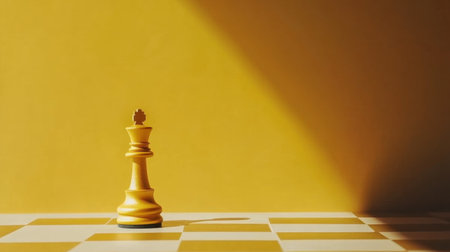 A striking image of a yellow chess king piece standing on a white checkerboard. The soft shadow and bright backdrop emphasize the themes of strategy and competition.の素材