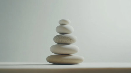 A serene arrangement of smooth stones stacked in a minimalist style, evoking feelings of balance and tranquility, perfect for promoting peace and wellness.の素材