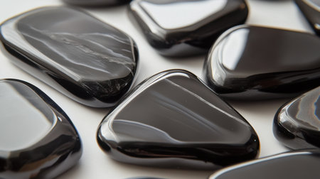 Close-up view of glossy black tumbled stones featuring smooth and shiny surfaces, ideal for decorative purposes or natural aesthetic themes.の素材