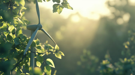 A close-up view of a wind turbine framed by vibrant green leaves and illuminated by soft sunlight, highlighting the harmony between nature and renewable energy.の素材