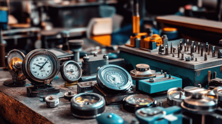 A captivating array of vintage mechanical instruments and gauges displayed on a workshop table, showcasing intricate designs and detailed craftsmanship.の素材