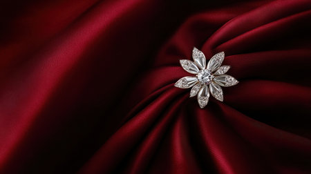 A stunning silver flower brooch adorned with sparkling diamonds, elegantly placed on luxurious deep red satin fabric, creating a captivating and sophisticated visual appeal.の素材
