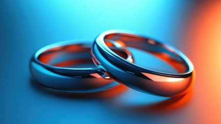 Two elegant silver wedding rings lie close together against a striking blue and orange background. Their shiny surfaces symbolize love, unity, and commitment, making this image ideal for romantic themes. Perfect for wedding-related content.の素材