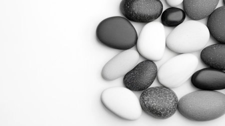 This stock photo features an artistic arrangement of smooth black and white pebbles on a light background. Ideal for minimalistic design projects, this image embodies simplicity and tranquility, perfect for nature-themed aesthetics.の素材