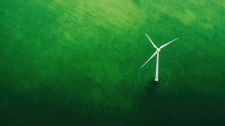 A stunning aerial view of a lone wind turbine rising from a vibrant green field, symbolizing the importance of renewable energy and environmental sustainability.の素材