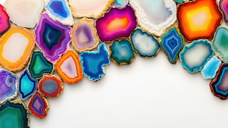 An exquisite display of vibrant, multicolored agate stones, showcasing a rich tapestry of natural textures and colors against a light background.の素材