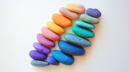 A vibrant collection of smooth stones arranged in a graceful curve on a clean white background. This image captures the beauty and harmony of colors, making it ideal for art, decoration, or design projects.の素材