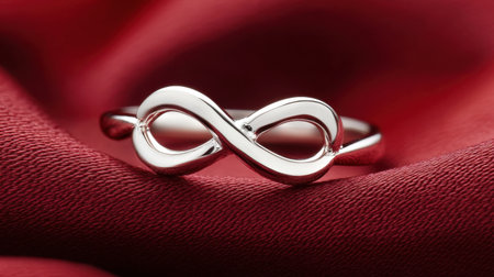 This elegant silver infinity ring is showcased on rich red fabric, embodying luxury and romance. Perfect for gifts, fashion displays, and personal adornment.の素材