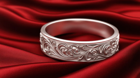 An elegant silver ring featuring intricate engravings, set against smooth red satin fabric. This closeup highlights the beauty and craftsmanship, perfect for romantic settings.の素材