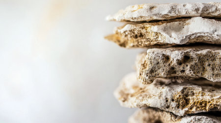 This image showcases a close-up view of stacked natural stones, emphasizing their unique textures and earthy tones against a soft background.の素材