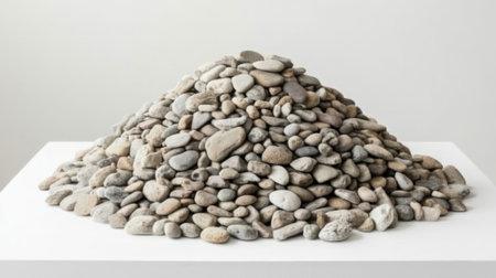 A minimalist composition features a pile of smooth pebbles and stones arranged on a white surface, showcasing natural earthy tones and textures.の素材