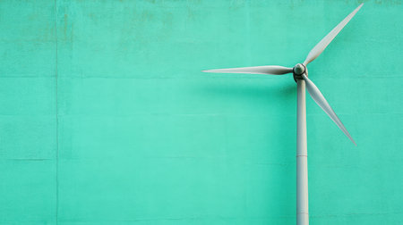 This striking image features a modern wind turbine set against a vibrant turquoise background, symbolizing renewable energy and sustainability.の素材