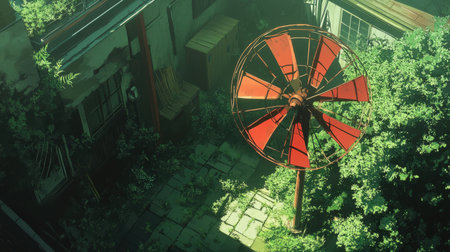 A tranquil view of an abandoned backyard featuring a rusty red windmill surrounded by lush greenery under soft sunlight, evoking a serene atmosphere.の素材