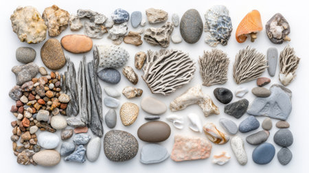 Explore a stunning assortment of natural stones, pebbles, shells, and coral displayed on a clean white background, perfect for creative design projects.の素材