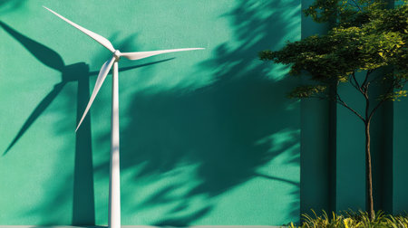 A sleek wind turbine stands against a vibrant green wall, casting dynamic shadows, complemented by a nearby tree, symbolizing modern sustainability efforts.の素材