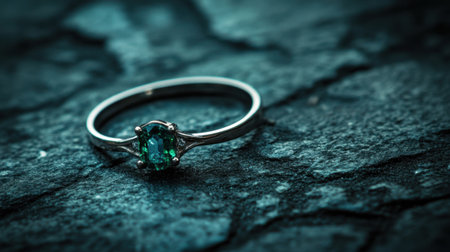 A stunning simple ring featuring a vibrant green gemstone, artistically placed on a dark textured surface, creates a captivating and elegant atmosphere.の素材