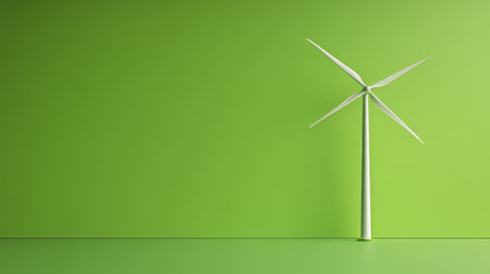 This image features a minimalist wind turbine model set against a vibrant green background, symbolizing renewable energy and sustainability. The simplicity and clean design embody innovation and environmental awareness, making it ideal for eco-friendly projects.の素材