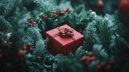 A vibrant red gift box adorned with a decorative flower sits amidst lush pine branches and bright berries, creating a warm holiday scene perfect for seasonal celebrations.の素材