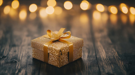 This stunning image features an elegant golden gift box adorned with a ribbon, surrounded by warm, glowing bokeh lights on a rustic wooden surface, ideal for festive themes.の素材