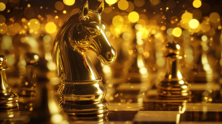 This image showcases an elegant golden chess knight against a shimmering bokeh background. It symbolizes strategy and intellect in a classic board game.の素材