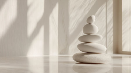 A tranquil arrangement of smooth white stones stacked in a minimalist room, basking in soft natural light and gentle shadows, evoking serenity and calm.の素材