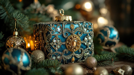 This elegant decorative gift box, adorned with intricate designs and surrounded by festive ornaments, captures holiday magic and warmth in a cozy setting.の素材