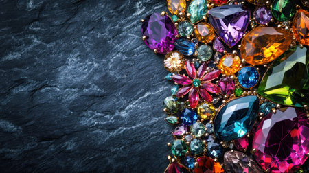 A stunning array of colorful gemstones displayed on a dark stone surface, perfect for adding a touch of luxury and elegance to any creative project.の素材