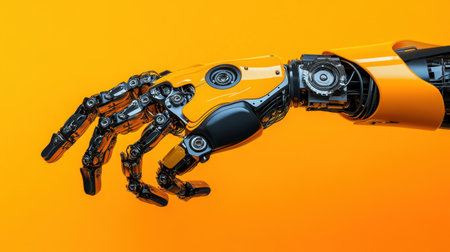 This image features a futuristic robotic hand displayed against a vibrant orange background, emphasizing advanced technology and intricate mechanical design.の素材