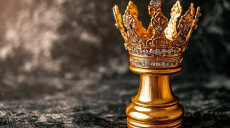 A stunning golden crown adorned with intricate details and gemstones, set against a dark textured background, symbolizing royalty and elegance. Perfect for themes related to luxury and celebration.の素材
