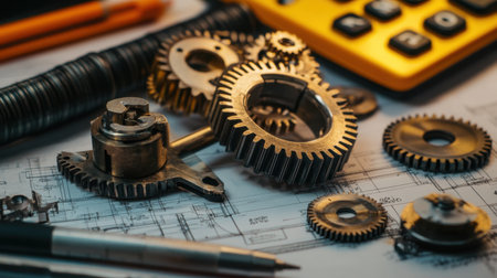 Close-up view showcasing an arrangement of metal gears and mechanical parts on a blueprint. A calculator and tools accompany this detailed workspace scene.の素材