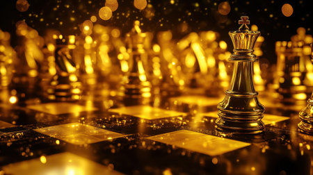 A stunning close-up of golden chess pieces on a luxurious board, illuminated by sparkling lights. This image captures the elegance of strategy games, perfect for conveying themes of competition and leisure.の素材