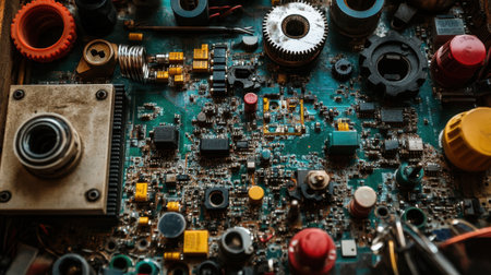 This image presents a detailed view of an electronic circuit board, showcasing various components and intricate designs that reflect the complexities of modern technology.の素材