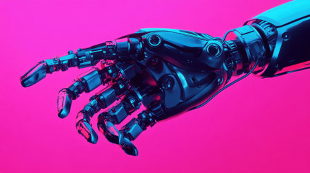 This close-up image features a futuristic robotic hand crafted from sleek metallic materials, set against a vibrant pink background, representing advanced technology.の素材