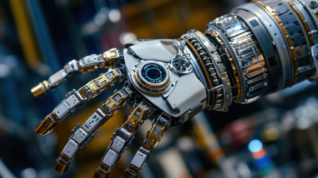 This visually stunning image features a detailed robotic hand, showcasing intricate mechanics and advanced technology. The design highlights precision engineering elements, portraying the innovation behind modern robotics and automation.の素材